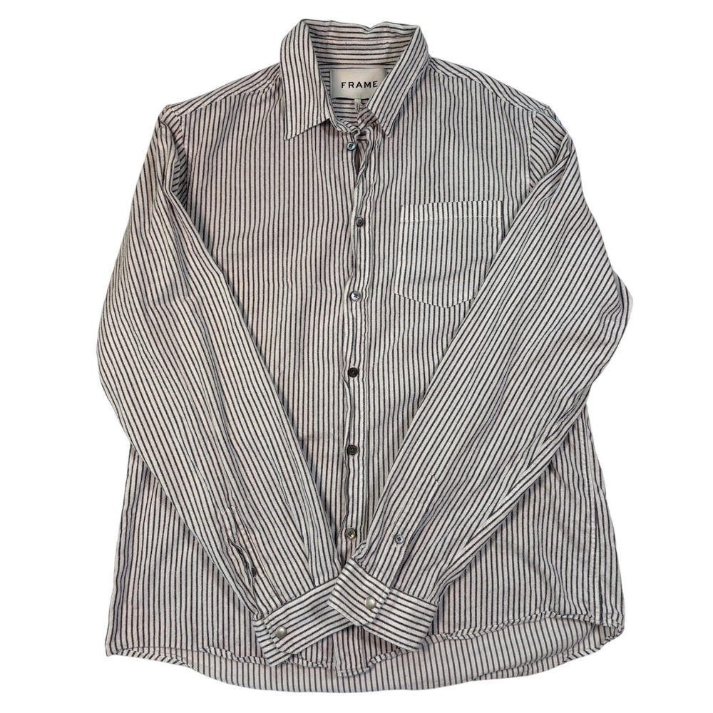 FRAME Mens Stripe Button Up Shirt XL Blue White Cotton Long Sleeve LMSH0389